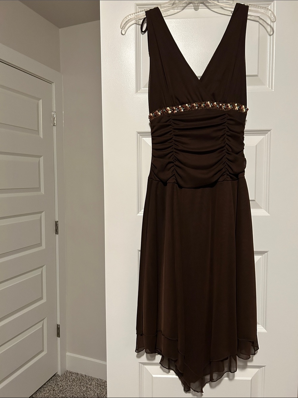 Ruby Rox Chocolate Brown High-Low V-Neck Dress with Beaded Waist